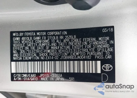 2018 Toyota Mirai from USA, damaged, VIN JTDBVRBD3JA004182
